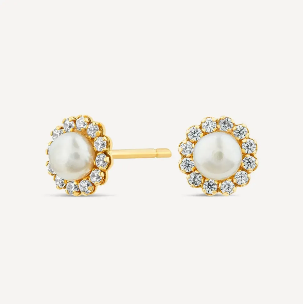 9ct Yellow Gold Tiny Pearl & Cubic Zirconia Surrounded Stud Earrings