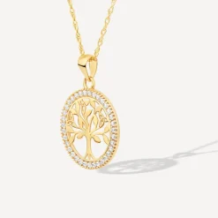 9ct Yellow Gold Tree Of Life in Cubic Zirconia Circle Pendant