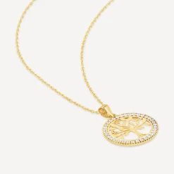 9ct Yellow Gold Tree Of Life in Cubic Zirconia Circle Pendant