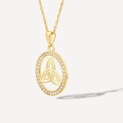 9ct Yellow Gold Trinity Knot in Cubic Zirconia Circle Pendant
