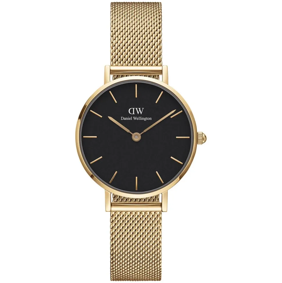 Daniel Wellington Evergold 28mm Black Dial Yellow Gold Case Mesh Bracelet Watch