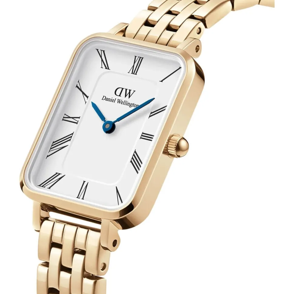 Daniel Wellington Quadro Roman Numerals 20x26mm White Dial 5-Link Gold PVD Bracelet Watch