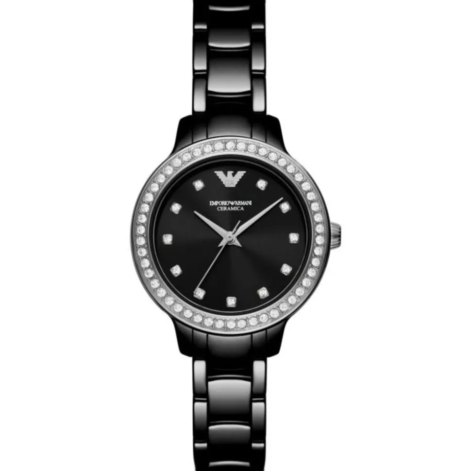 Emporio Armani Cleo 32mm Black Dial Cubic Zirconia Set Black Ceramic Case Watch