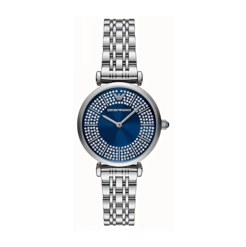 Emporio Armani Gianni T-Bar 32mm Blue Cubic Zirconia Set Dial Steel Bracelet Watch