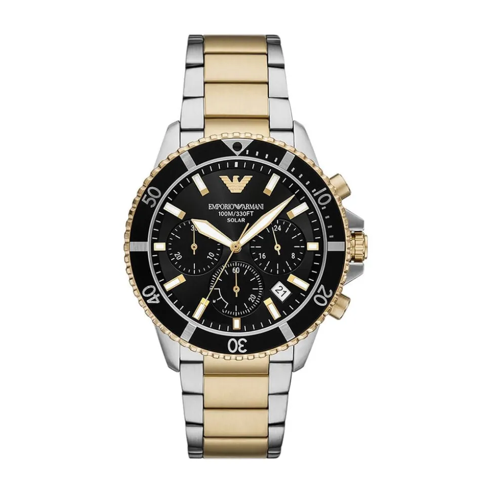 Emporio Armani World Explorer Chronograph 43.5mm Black Dial Two Tone Steel Bracelet Watch