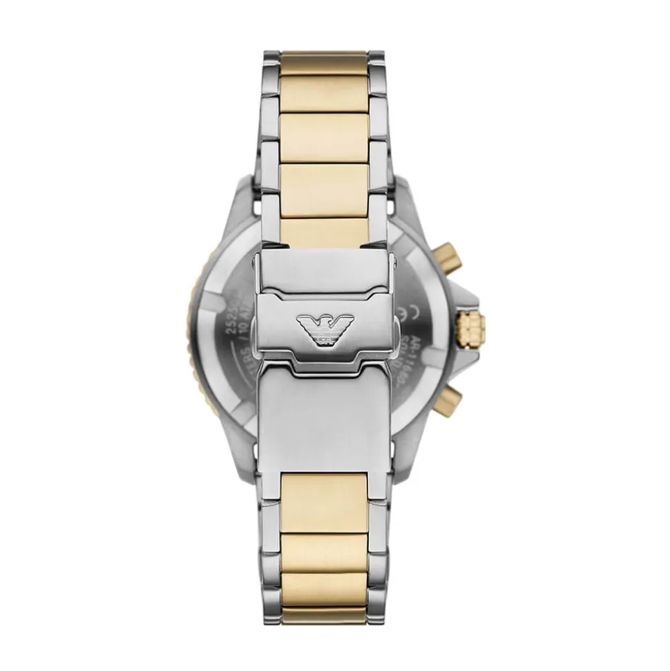 Emporio Armani World Explorer Chronograph 43.5mm Black Dial Two Tone Steel Bracelet Watch