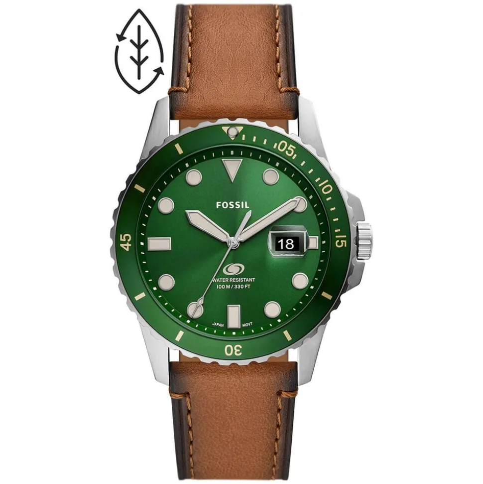Fossil Blue 42mm Green Dial Tan Leather Strap Watch