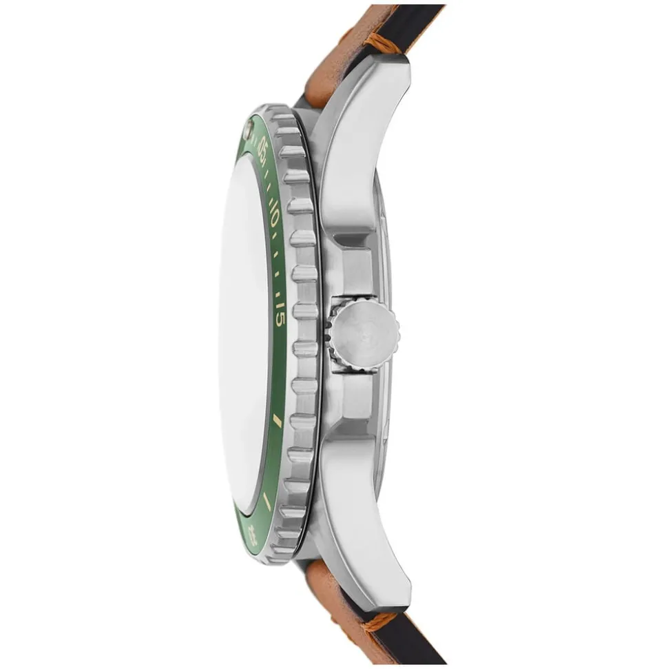 Fossil Blue 42mm Green Dial Tan Leather Strap Watch