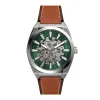 Fossil Everett 42mm Green Skeleton Dial Brown Leather Strap Watch