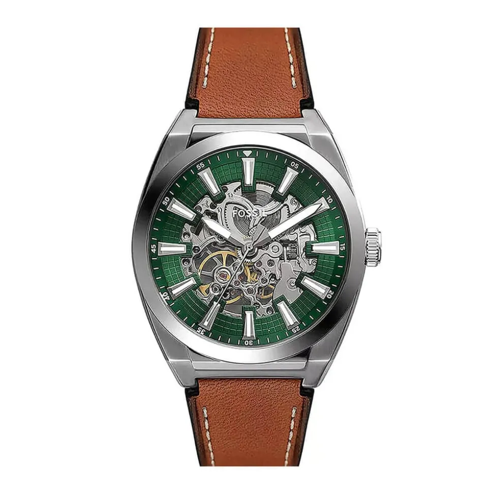 Fossil Everett 42mm Green Skeleton Dial Brown Leather Strap Watch
