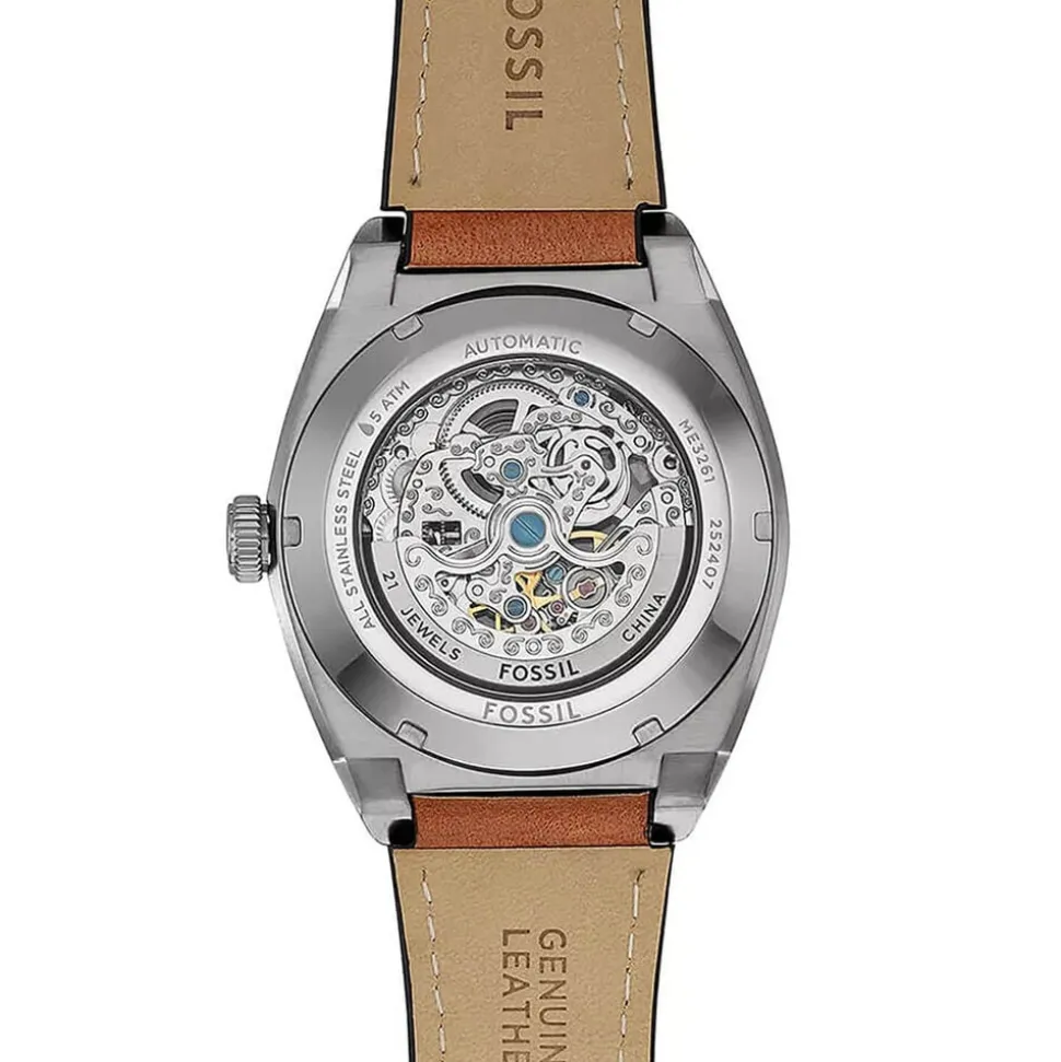 Fossil Everett 42mm Green Skeleton Dial Brown Leather Strap Watch