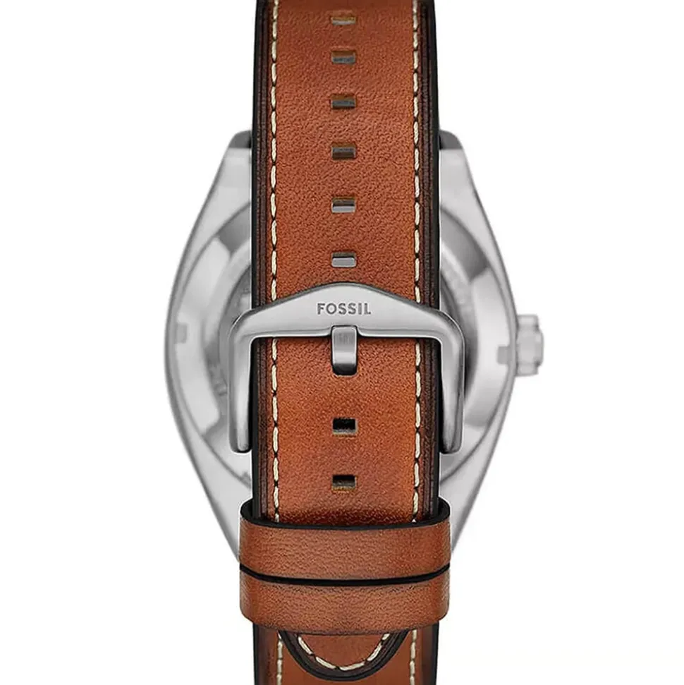 Fossil Everett 42mm Green Skeleton Dial Brown Leather Strap Watch