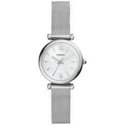 Fossil Mini Carlie Mother of Pearl Dial Stainless Steel Mesh Bracelet Watch