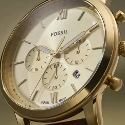Fossil Neutra Chronograph 44mm Gold Dial Brown Leather Strap Watch