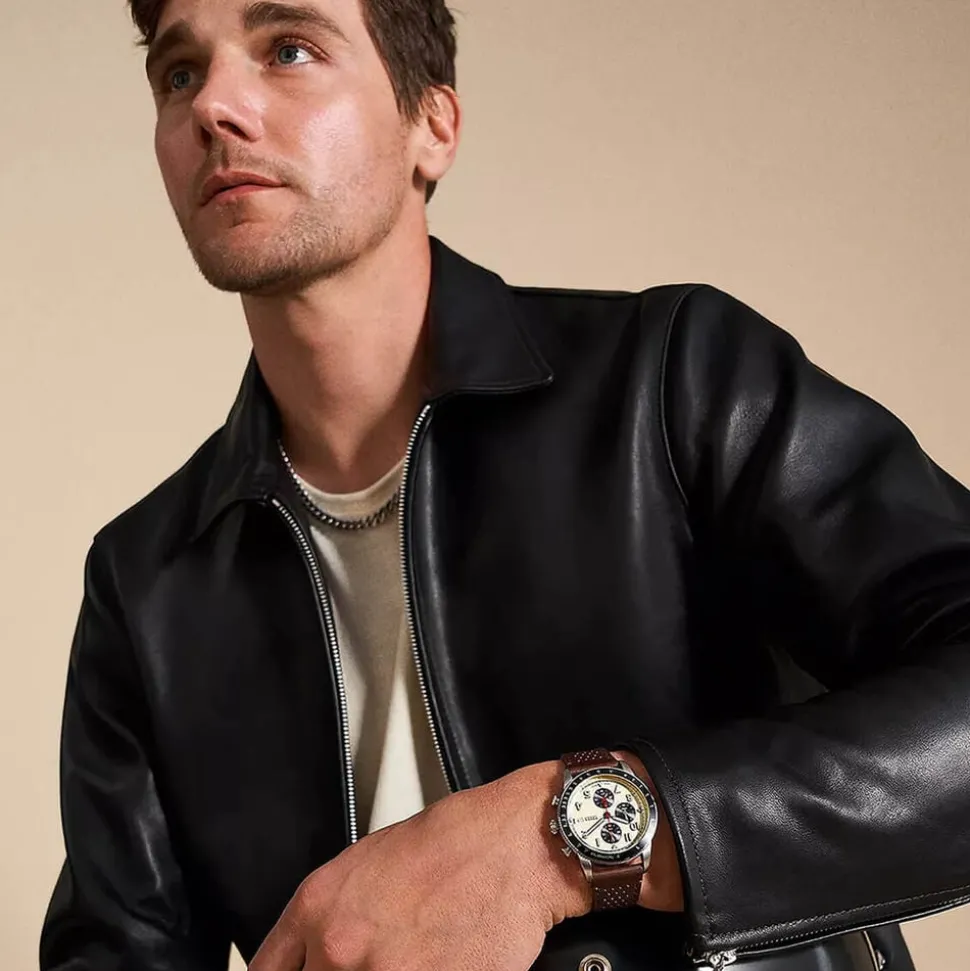 Fossil Sport Tourer Chronograph 42mm Cream Dial Brown Leather Strap Watch