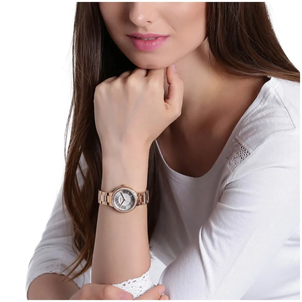Fossil Virginia 28mm White Dial Rose Gold IP Case Bracelet Watch