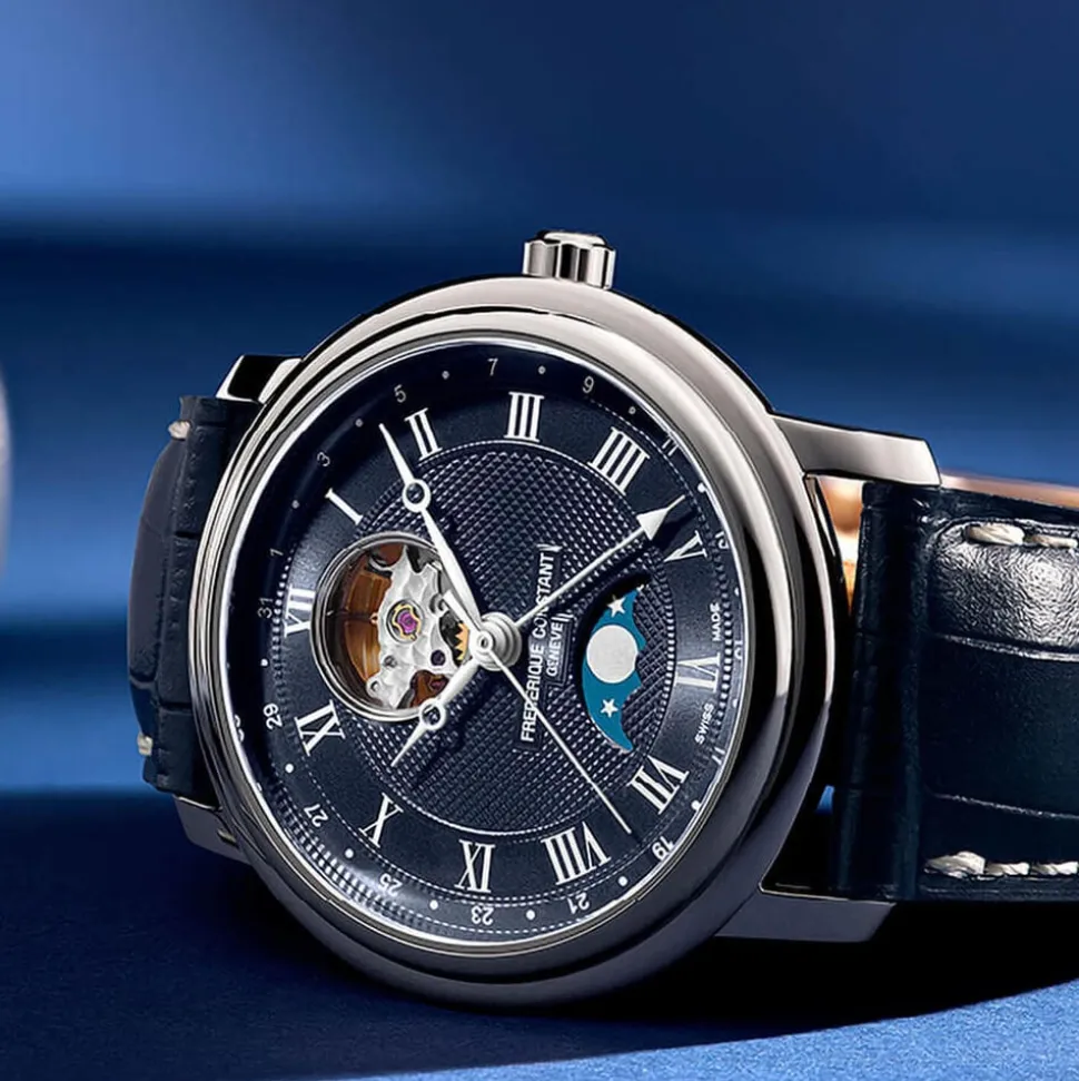 Frederique Constant Classics Heart Beat Moonphase Date 40mm Blue Dial Leather Strap Watch