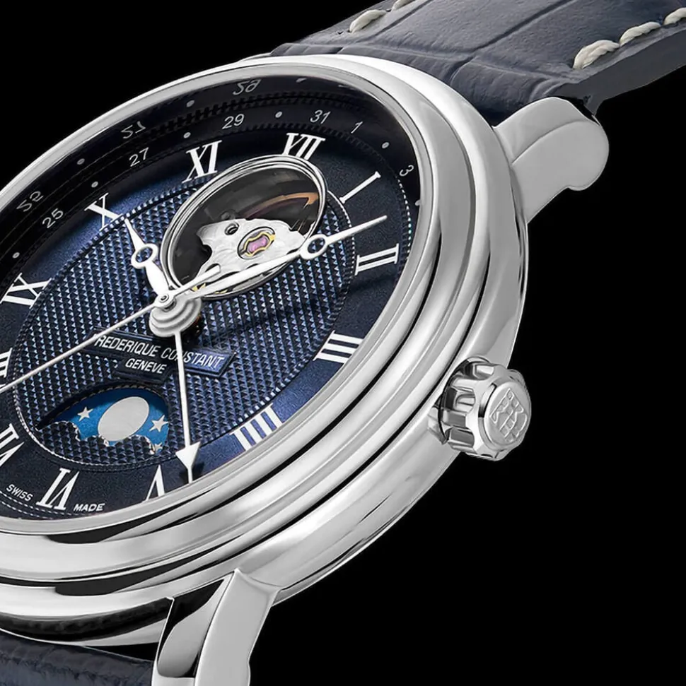 Frederique Constant Classics Heart Beat Moonphase Date 40mm Blue Dial Leather Strap Watch