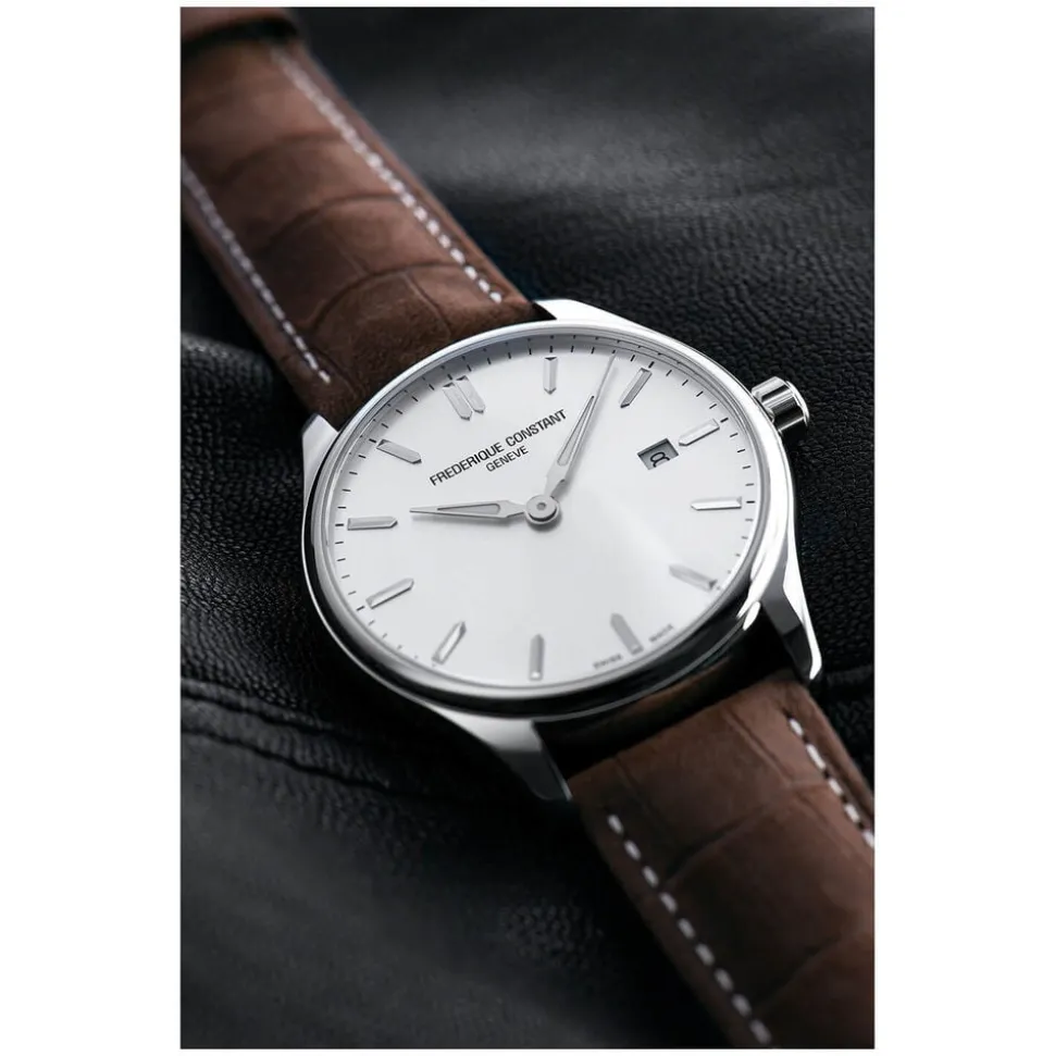 Frederique Constant Index Quartz Silver Dial Steel Case Brown Strap Watch