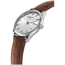 Frederique Constant Index Quartz Silver Dial Steel Case Brown Strap Watch