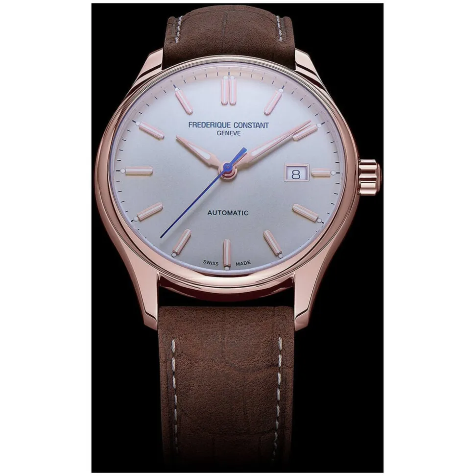Frederique Constant Index Automatic Silver Dial Rose Gold Case Brown Strap Watch