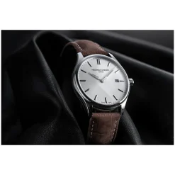 Frederique Constant Index Quartz Silver Dial Steel Case Brown Strap Watch