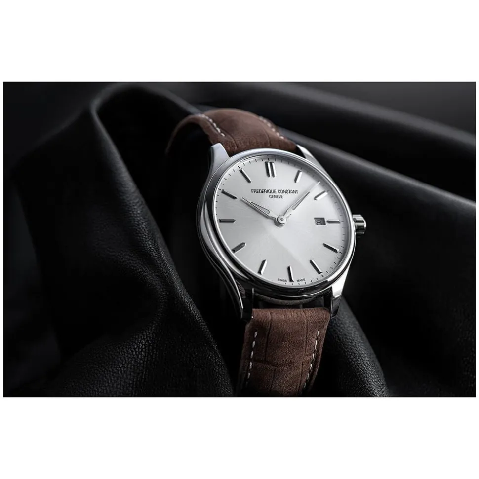 Frederique Constant Index Quartz Silver Dial Steel Case Brown Strap Watch