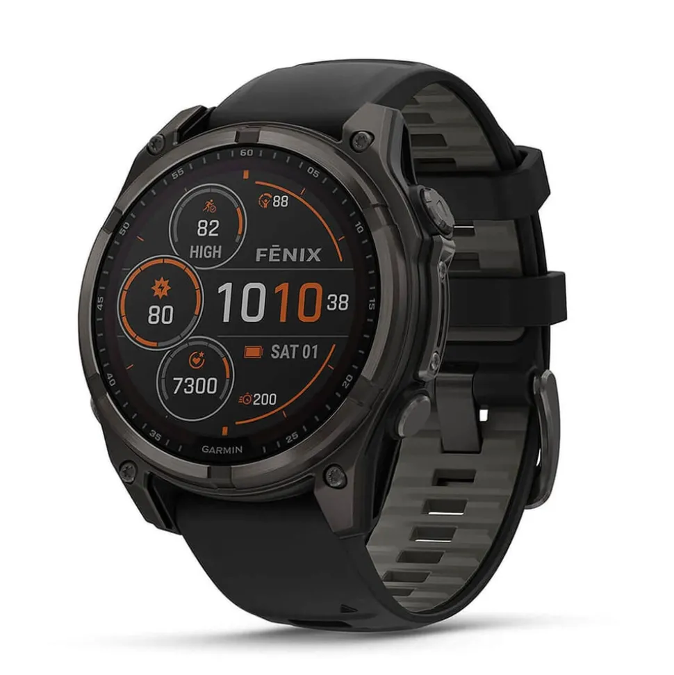 Garmin fenix® 8 Solar 47mm Carbon Grey DLC Titanium Case Black Pebble Gray Silicon Strap Watch