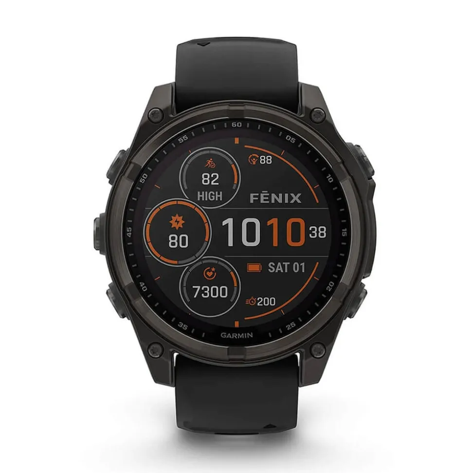 Garmin fenix® 8 Solar 47mm Carbon Grey DLC Titanium Case Black Pebble Gray Silicon Strap Watch