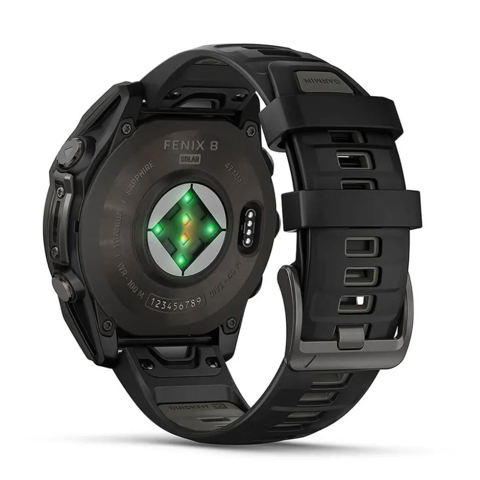 Garmin fenix® 8 Solar 47mm Carbon Grey DLC Titanium Case Black Pebble Gray Silicon Strap Watch