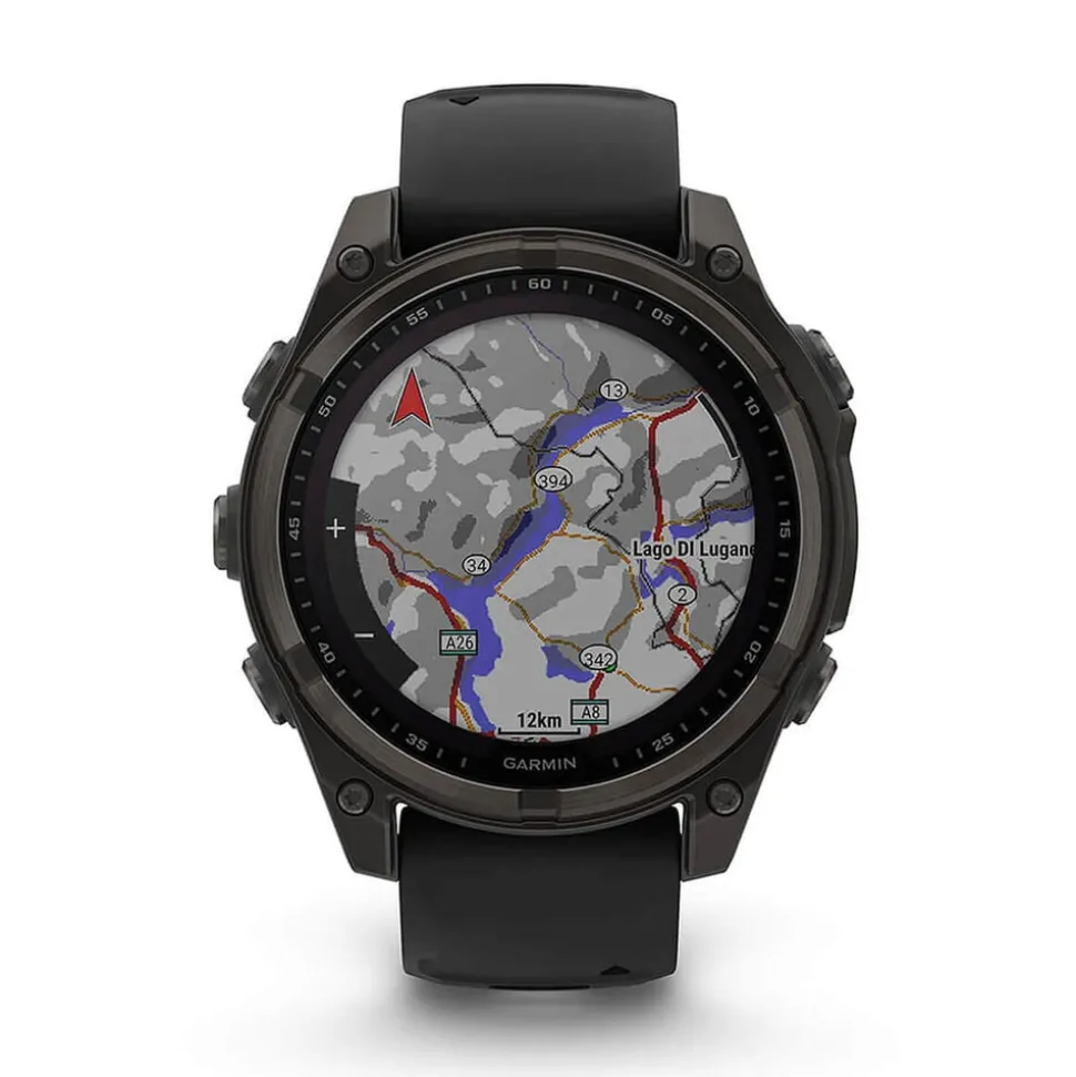 Garmin fenix® 8 Solar 47mm Carbon Grey DLC Titanium Case Black Pebble Gray Silicon Strap Watch