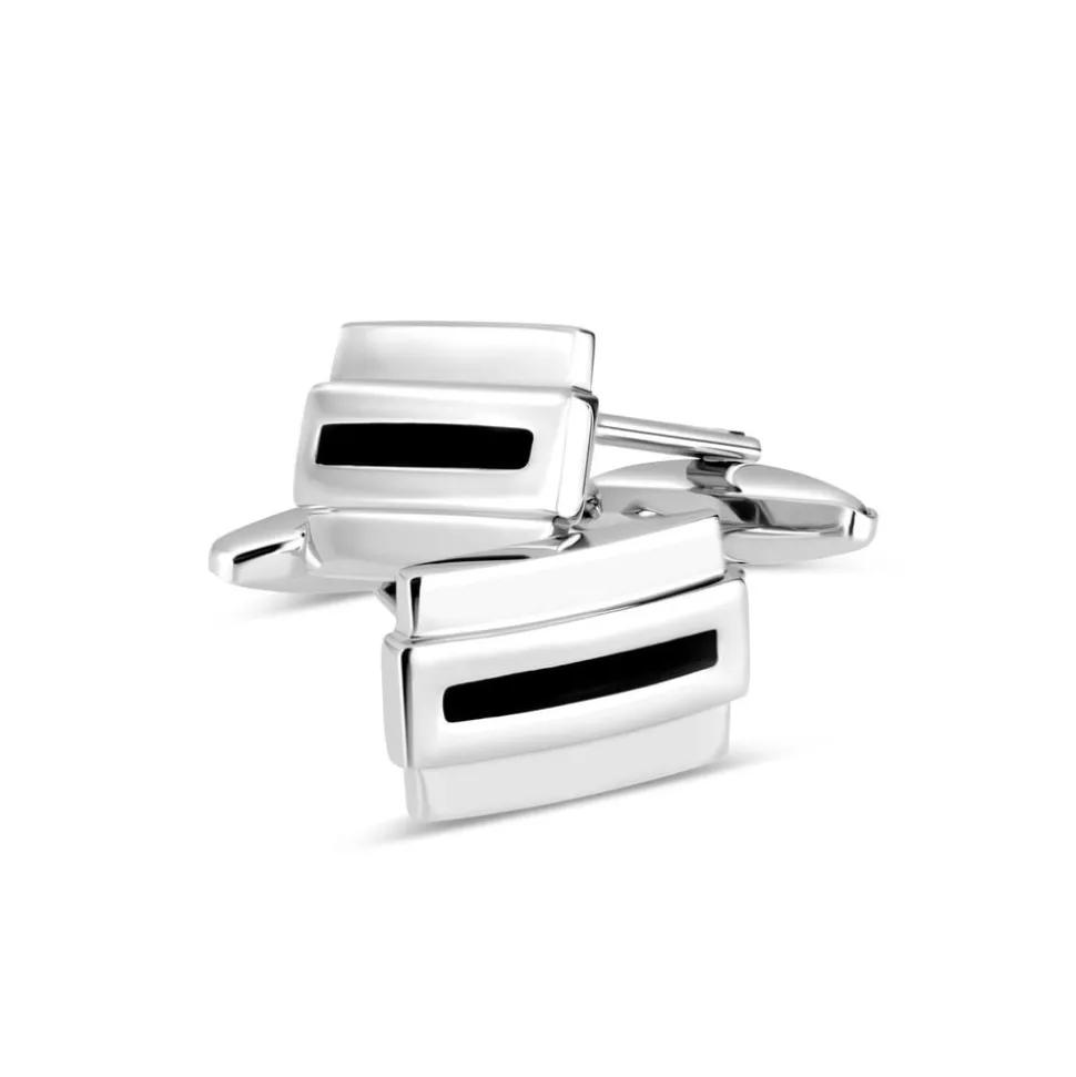Gents Silver-Plated Rectangular Black Stripe Cufflinks