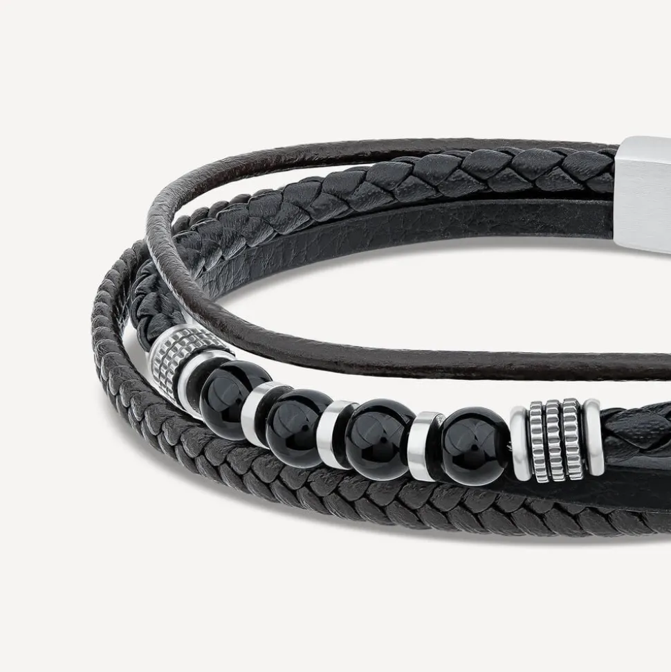 Gents Steel Onyx & Leather Multi Strap Bracelet