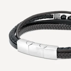 Gents Steel Onyx & Leather Multi Strap Bracelet