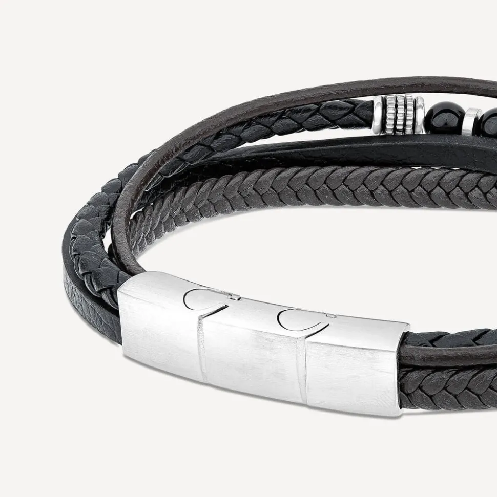 Gents Steel Onyx & Leather Multi Strap Bracelet