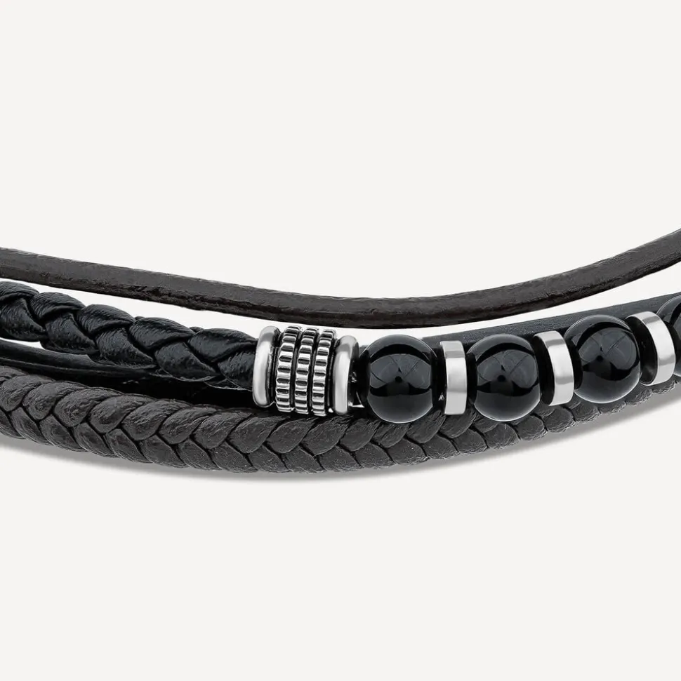 Gents Steel Onyx & Leather Multi Strap Bracelet