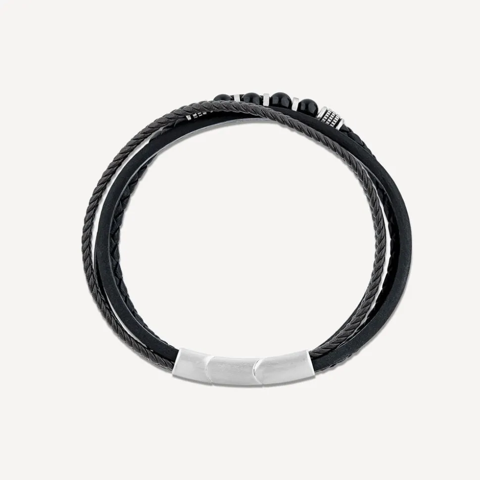 Gents Steel Onyx & Leather Multi Strap Bracelet