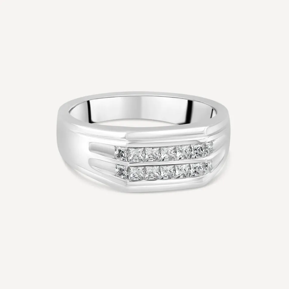 Gents Sterling Silver Two Line Square Cubic Zirconia Signet Ring