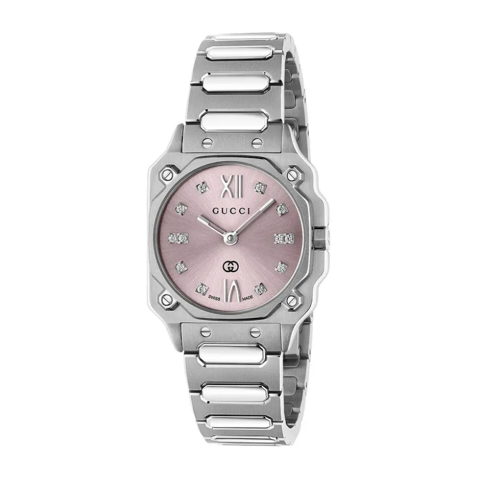Gucci G-Flat 24mm Pink Dial Diamond Dots Stainless Steel Bracelet Watch
