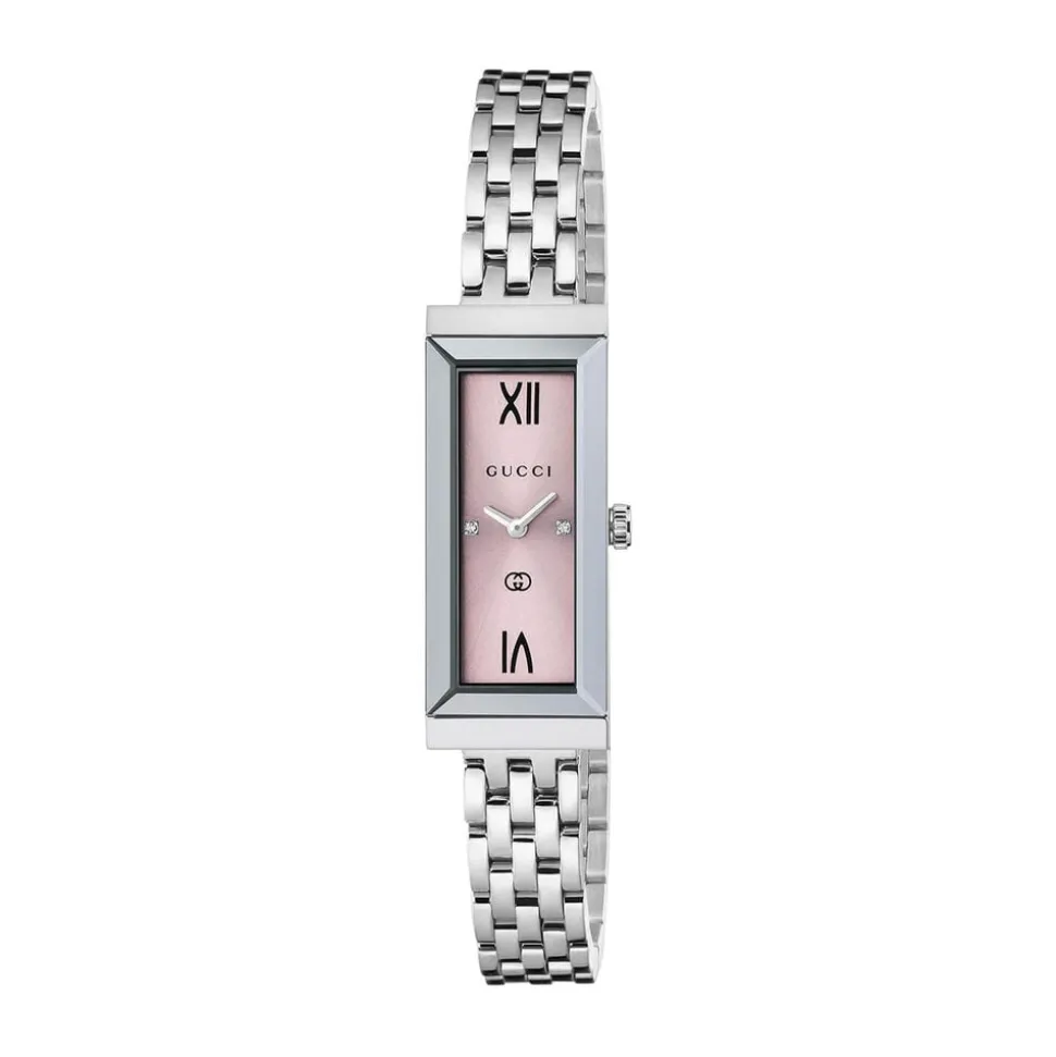Gucci G-Frame 14x34mm Pink Dial Diamond Dots Stainless Steel Bracelet Watch