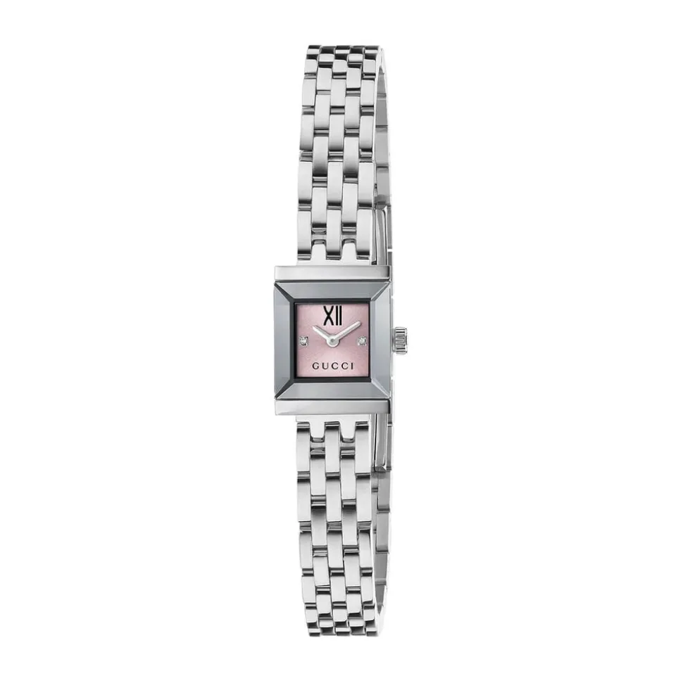 Gucci G-Frame 14x18mm Pink Dial Diamond Dots Stainless Steel Bracelet Watch