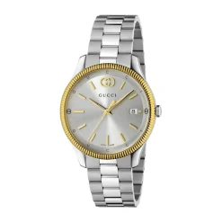 Gucci G-Timeless 38mm Silver Dial Yellow Gold Plated Bezel Stainless Steel Bracelet Watch