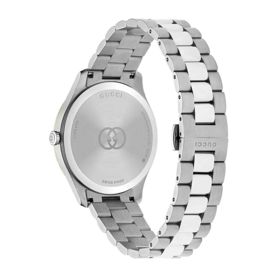 Gucci G-Timeless 38mm Silver Dial Yellow Gold Plated Bezel Stainless Steel Bracelet Watch