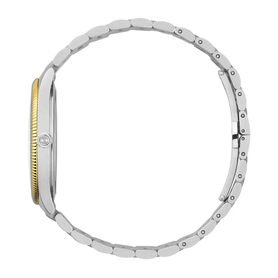 Gucci G-Timeless 38mm Silver Dial Yellow Gold Plated Bezel Stainless Steel Bracelet Watch