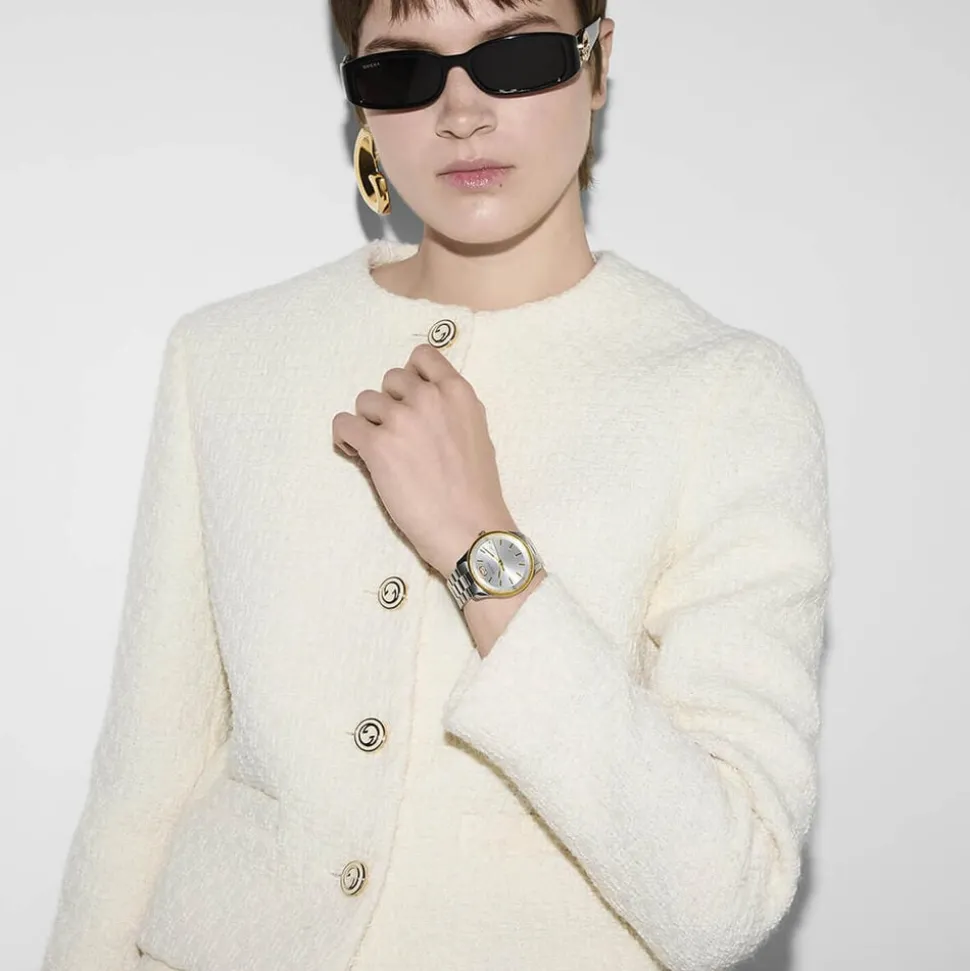 Gucci G-Timeless 38mm Silver Dial Yellow Gold Plated Bezel Stainless Steel Bracelet Watch