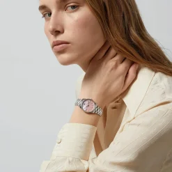 Gucci G-Timeless Quartz 29mm Pink MOP Dial Diamond Dots Steel Bracelet Watch