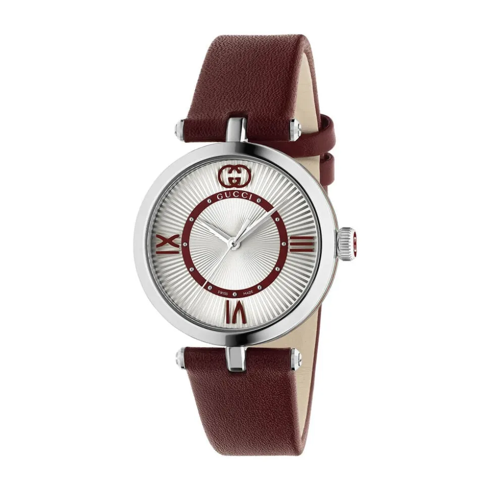 Gucci Model 2000 30mm Silver Dial Red Leather Strap Watch