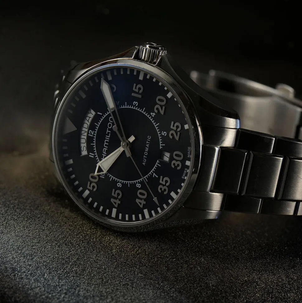 Hamilton Khaki Aviation Pilot Day Date Auto 42mm Black Dial Steel Case & Bracelet Watch