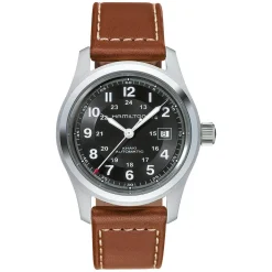 Hamilton Khaki Field Auto 42mm Black Dial Steel Case Brown Strap Watch