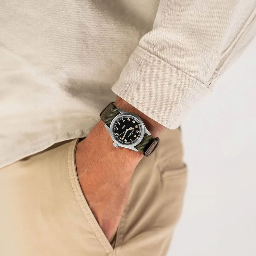 Hamilton Khaki Field Quartz 38mm Black Dial Steel Case Green Strap Watch
